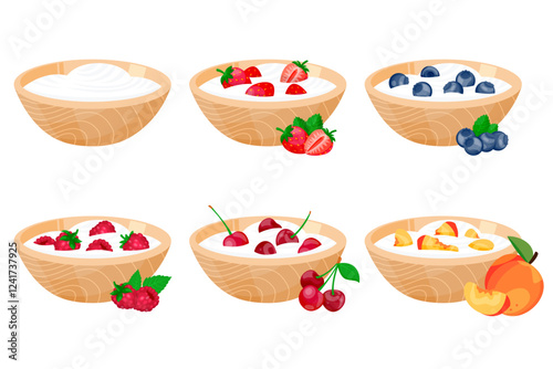 Yogurt with strawberry, blueberry, raspberry, peach in bowl. Vector illustration of breakfast with sour cream berries