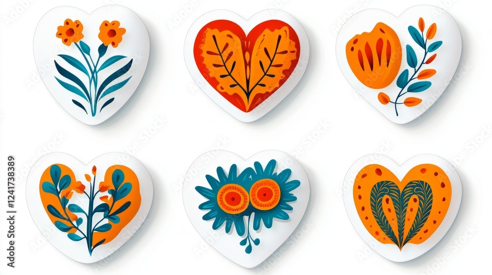 Six heart-shaped designs featuring stylized floral and leaf motifs in orange and teal. Six heart-shaped designs featuring stylized floral and leaf motifs in orange and teal.
