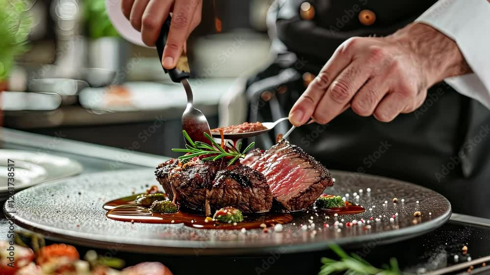 Deliciously prepared steak with rich sauce and fresh herbs served in fine dining setting Deliciously prepared steak with rich sauce and fresh herbs served in fine dining setting