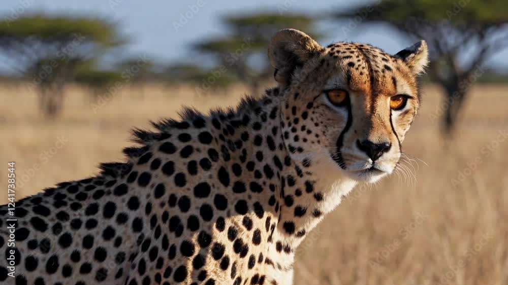 realistic close-up of a cheetah in Kruger National Park, its intense amber eyes locked onto its target as it moves stealthily through the golden African savanna. realistic close-up of a cheetah in Kruger National Park, its intense amber eyes locked onto its target as it moves stealthily through the golden African savanna.