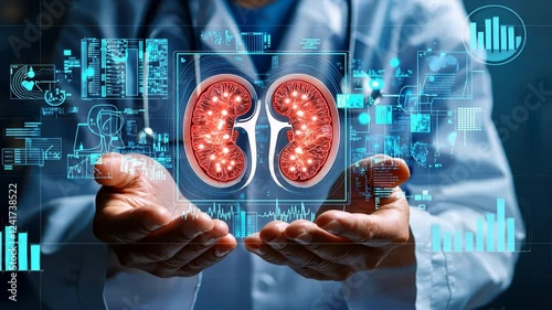 Person Holding Holographic Kidney Model with Medical Background