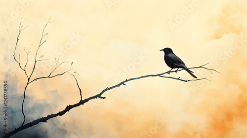 A black bird is perched on a branch of a tree