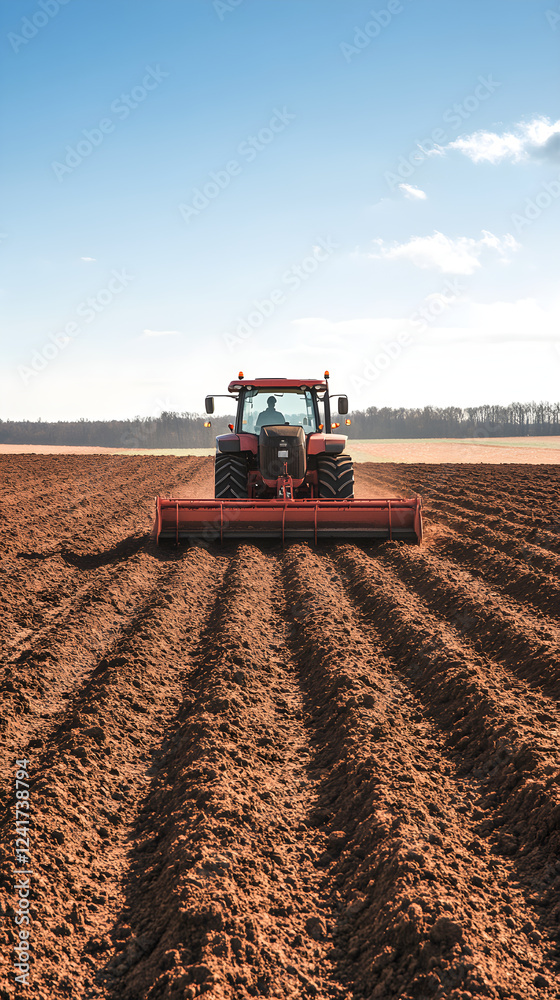 Fototapeta premium Modern Tractor Plowing Fields: Preparing the Soil for a Bountiful Harvest under a Clear Sky