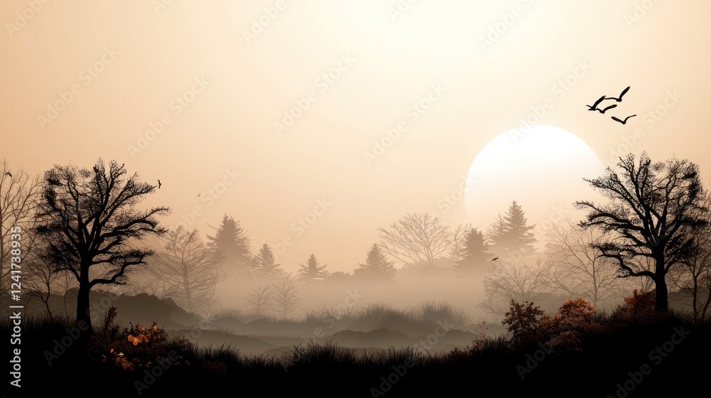 Serene sunset landscape with silhouetted trees, misty atmosphere, and flying birds in the background Serene sunset landscape with silhouetted trees, misty atmosphere, and flying birds in the background