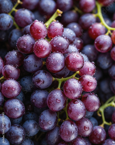 A close-up of fresh red and purple grapes covered in tiny water droplets, showcasing rich colors and juicy texture. Generative AI