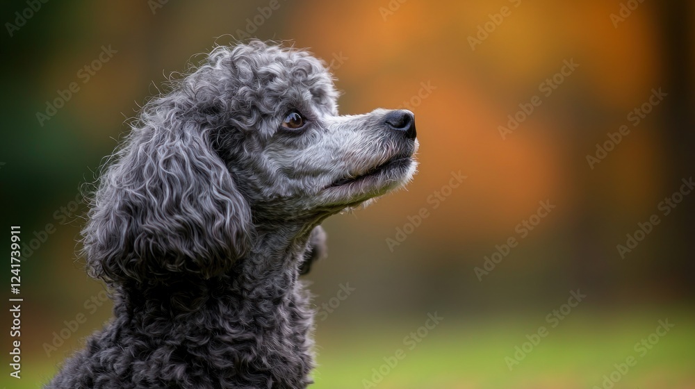 A close-up portrait of a gray poodle gazing thoughtfully in a vibrant autumn park A close-up portrait of a gray poodle gazing thoughtfully in a vibrant autumn park