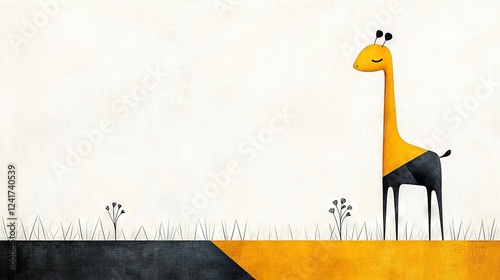   Giraffe in Field - a painting of a majestic giraffe standing tall amidst a serene landscape, adorned by a graceful bird perched on its head photo