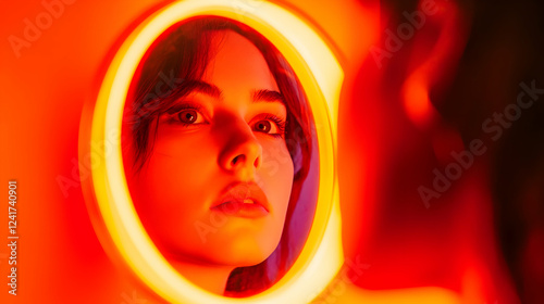 A young woman gazes into a glowing mirror, lost in thought amidst warm, captivating colors