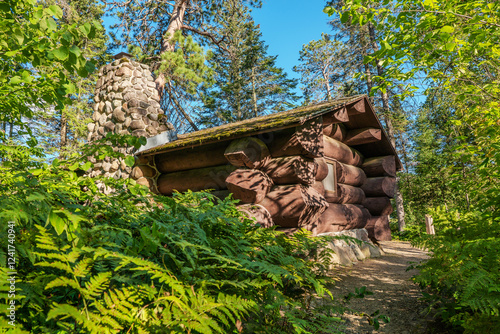 Obraz na płótnie An old cabin made with large logs, and a stone fireplace in a thick green forest with ferns and evergreen trees. w salonie