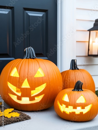 Lit Jack-o'-lanterns on Porch - Three illuminated jack-o'-lanterns of varying sizes sit on a porch, symbolizing autumn, Halloween, harvest, festivity, and home. photo