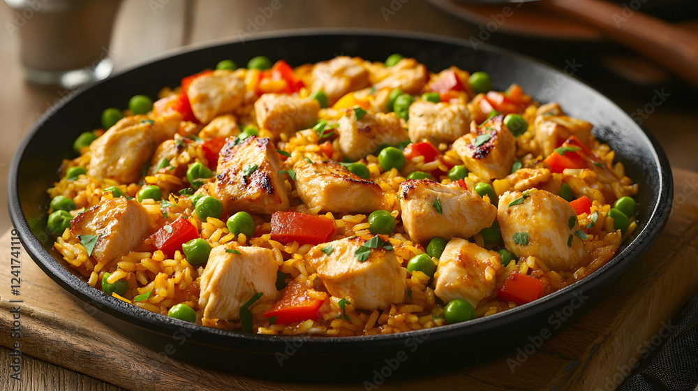 Spanish chicken paella with saffron rice, seafood, and peas, cooked in a large skillet over an open flame. Spanish chicken paella with saffron rice, seafood, and peas, cooked in a large skillet over an open flame.