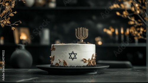 A festive cake adorned with a menorah and Star of David. photo