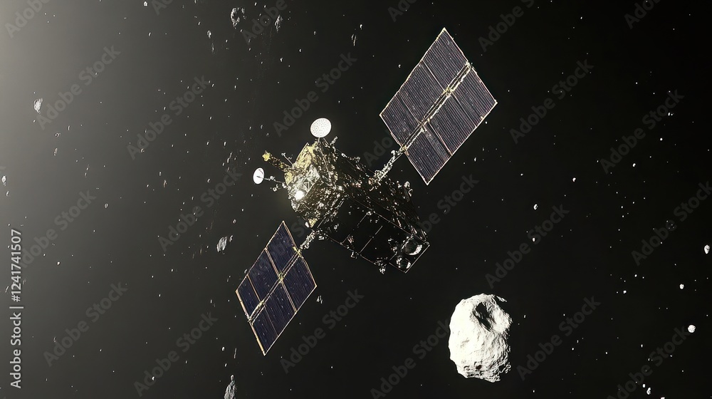 Spacecraft exploring an asteroid in deep space, showcasing advanced technology and cosmic scenery Spacecraft exploring an asteroid in deep space, showcasing advanced technology and cosmic scenery