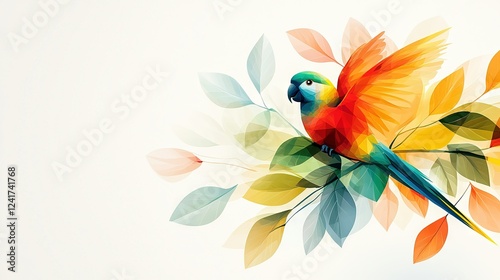   A vibrant parrot perched atop a leaf-laden branch, its wingtips adorned with paint
