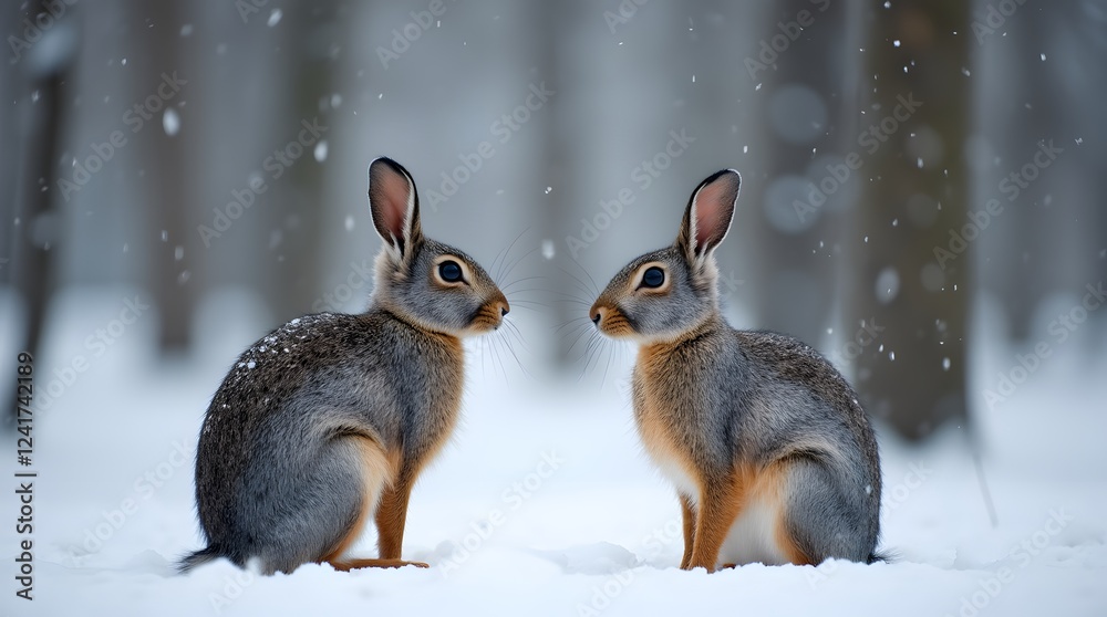 Two beautiful gray hares are sitting under a snowfall in the forest. Gray hares close -up in the snow. Two beautiful gray hares are sitting under a snowfall in the forest. Gray hares close -up in the snow.