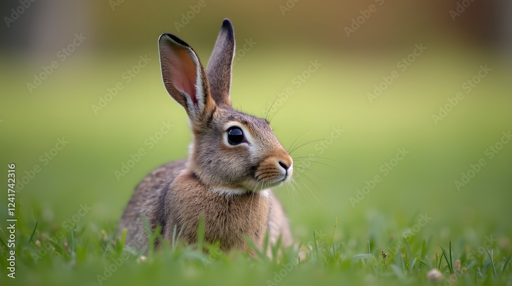 Bunny sits in the grass in the field. The hare of beautiful color sits in the field in the summer. Bunny sits in the grass in the field. The hare of beautiful color sits in the field in the summer.