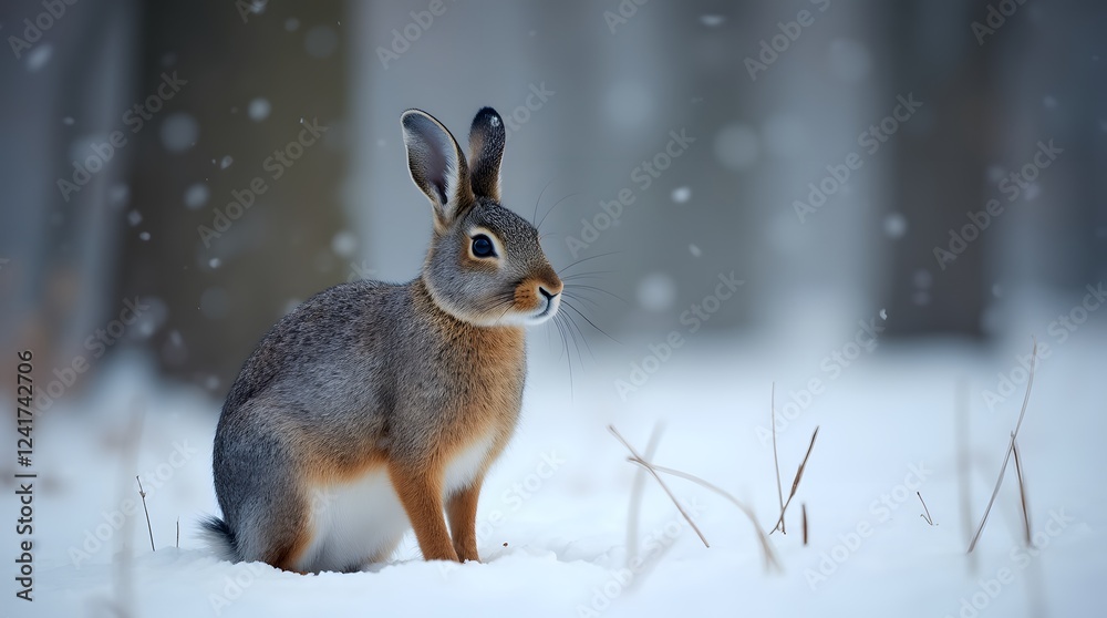 A gray hare with a white breast and brown spots in a snowdrift. The hare of unusual color sits in the snow in the winter forest. A gray hare with a white breast and brown spots in a snowdrift. The hare of unusual color sits in the snow in the winter forest.