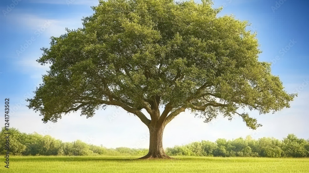 Majestic Southern Live Oak in Spring Meadow - A large, majestic Southern live oak tree stands tall in a vibrant green meadow under a bright blue sky. Symbolizing strength, longevity, nature, peace Majestic Southern Live Oak in Spring Meadow - A large, majestic Southern live oak tree stands tall in a vibrant green meadow under a bright blue sky. Symbolizing strength, longevity, nature, peace