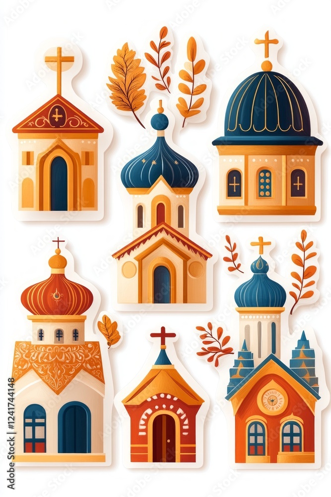 Fototapeta premium Collection of charming autumnal church and chapel stickers.