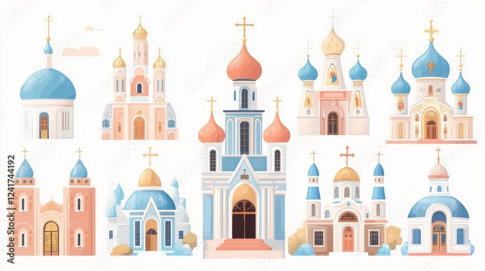 Fototapeta premium Collection of illustrations depicting various church architectural styles.