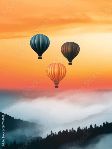 Misty Mountain Balloonscape - Three hot air balloons ascend, symbolizing adventure, freedom, exploration, dreams, and serenity above a misty mountain landscape at sunrise. photo