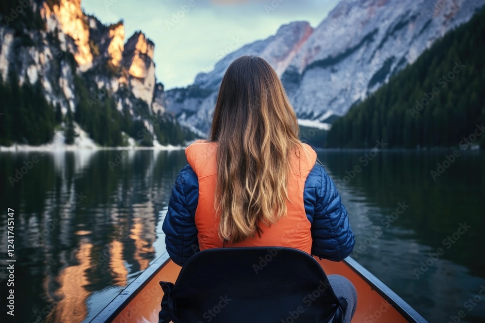 Young caucasian female canoeing on tranquil mountain lake at dawn Young caucasian female canoeing on tranquil mountain lake at dawn