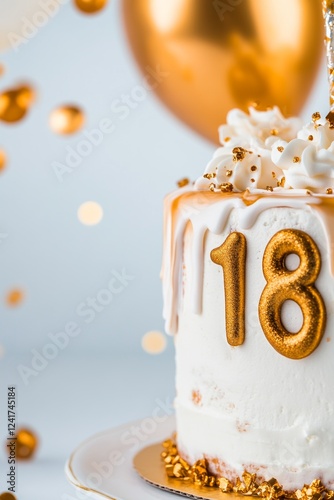 Eighteenth birthday cake with gold accents and confetti.