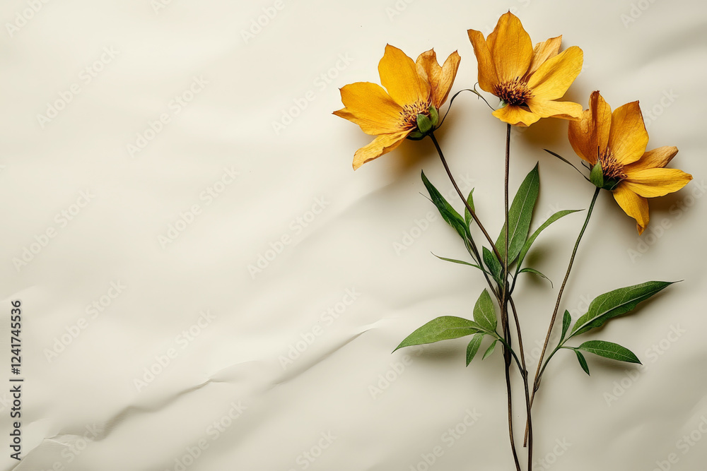 A trio of vibrant golden yellow flowers with green leaves displayed on a light beige textured background for a warm, rustic vibe. A trio of vibrant golden yellow flowers with green leaves displayed on a light beige textured background for a warm, rustic vibe.