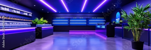 Modern Cannabis Dispensary Interior Design - Sleek, modern cannabis dispensary showcasing vibrant purple and blue lighting, organized shelves, and a calming plant.  Emphasizes a sophisticated, clean photo