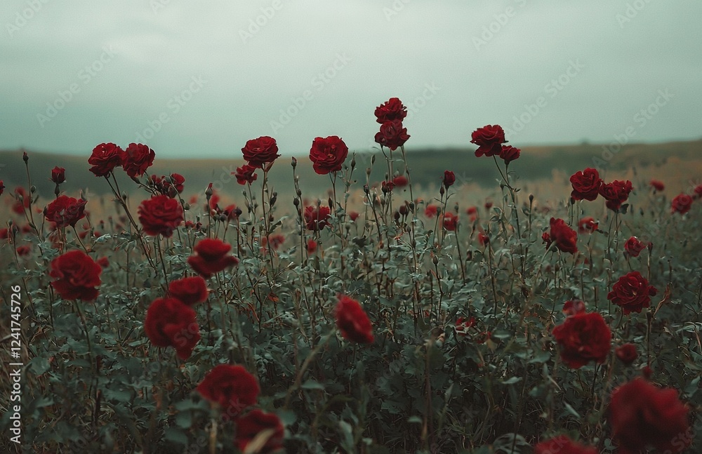 Obraz premium A lush field blanketed in green grass and dotted with blooming red flowers beneath a cloudy sky