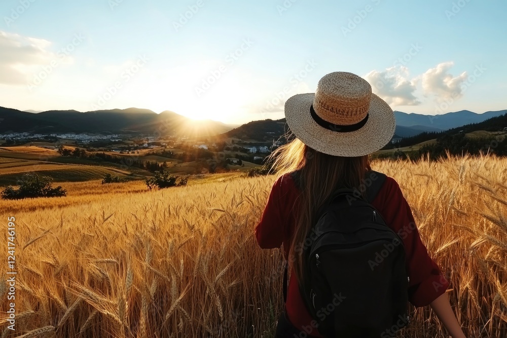 Young caucasian female exploring wheat field at sunset wearing hat and backpack Young caucasian female exploring wheat field at sunset wearing hat and backpack