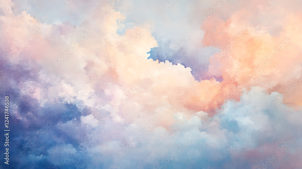 A painting of a cloudy sky with a pink and blue hue A painting of a cloudy sky with a pink and blue hue