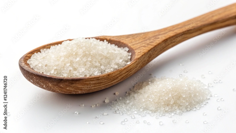 Sweet Spoonful: Granulated Sugar in Rustic Wooden Spoon, Isolated White Background food macro candy Sweet Spoonful: Granulated Sugar in Rustic Wooden Spoon, Isolated White Background food macro candy