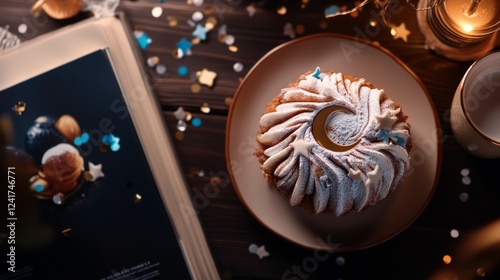 A celestial-themed cake, adorned with stars and a crescent moon, sits on a plate. photo