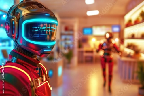 Wallpaper Mural Futuristic robot in neon-lit room with holographic displays Torontodigital.ca