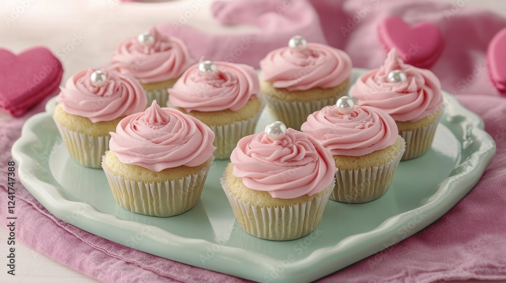A pastel-colored heart-shaped ceramic plate displaying elegantly frosted Valentine's cupcakes with shimmering edible pearls A pastel-colored heart-shaped ceramic plate displaying elegantly frosted Valentine's cupcakes with shimmering edible pearls