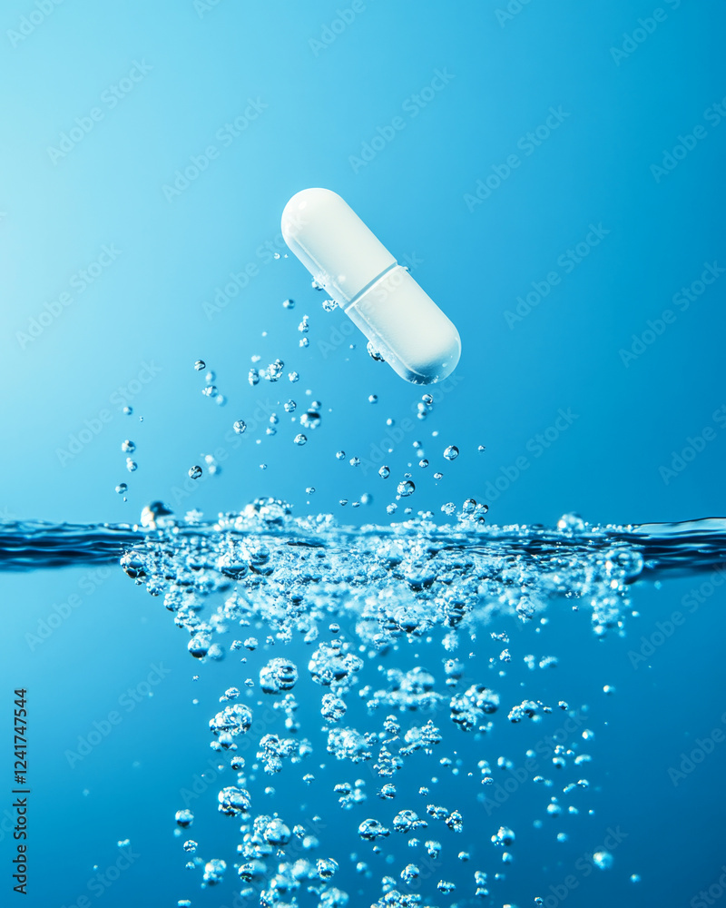 Close-up of a white pill disturbs water, creating bubbles against a smooth blue background