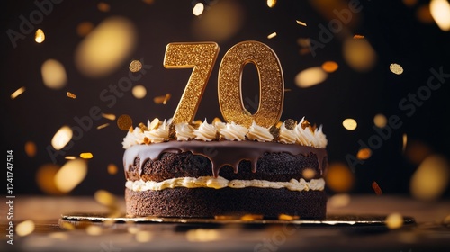 A delicious chocolate cake with a glittery 70 candle, surrounded by golden confetti. photo