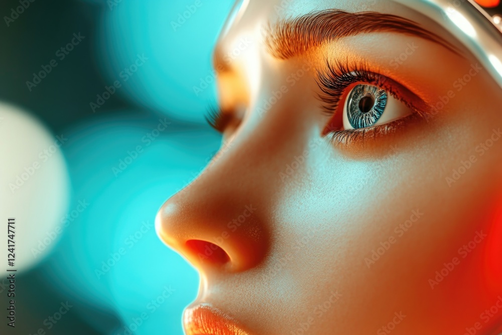 Fototapeta premium Close-up of female with futuristic tech focus and intense gaze