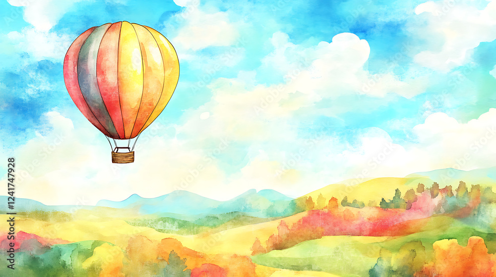 Fototapeta premium A colorful hot air balloon is flying over a beautiful landscape