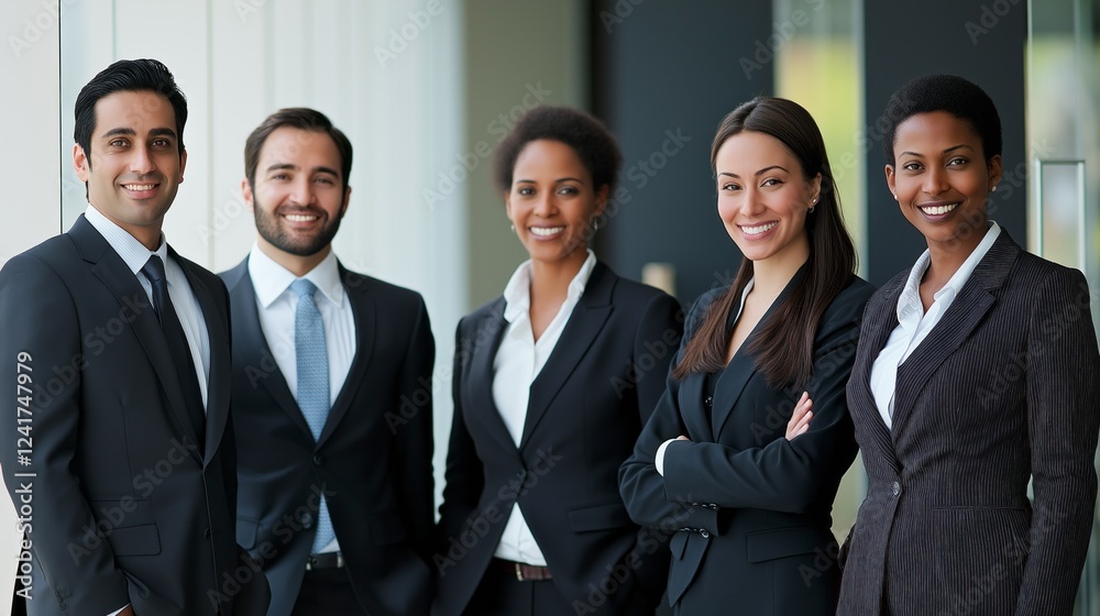 Five professionals stand together in a contemporary office setting, showcasing a mix of ethnicities and styles. They exude confidence and teamwork, dressed in business attire Five professionals stand together in a contemporary office setting, showcasing a mix of ethnicities and styles. They exude confidence and teamwork, dressed in business attire