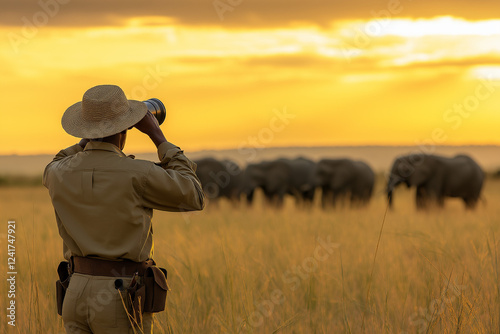 Wildlife ranger observing a herd of elephants in the African savanna at sunset, symbolizing the protection of endangered species Generative AI photo