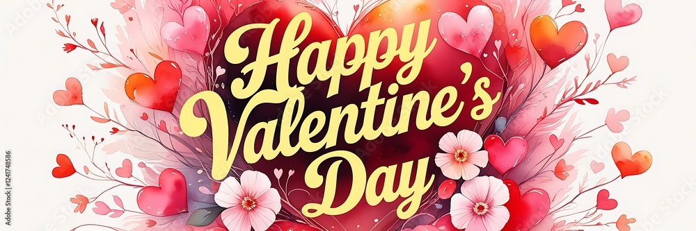 Obraz premium Whimsical Valentine's watercolor art with yellow cursive lettering, soft pink florals, hearts, and romantic background, valentines web banner, web poster