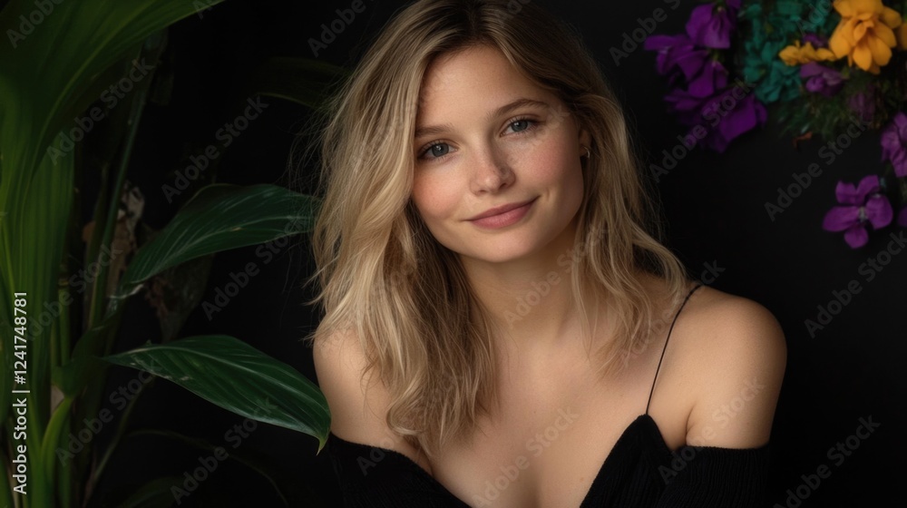Young caucasian female with blonde hair smiling against dark floral background Young caucasian female with blonde hair smiling against dark floral background