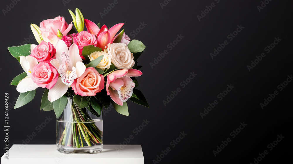 Fototapeta premium Elegant floral arrangement with luxurious roses and lilies in a clear vase for special occasions