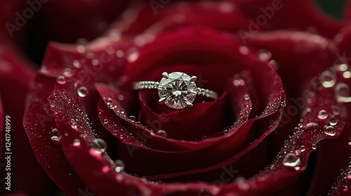 Close-up of a sparkling diamond ring resting on a vibrant red rose with water droplets, symbolizing love