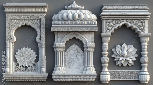 Indian temple decorative architectural elements displayed on gray background