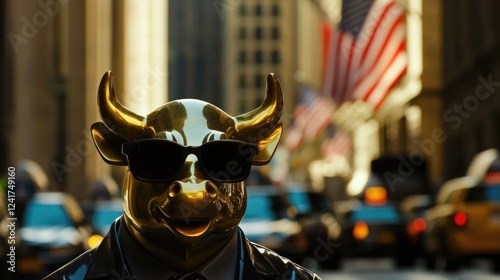 Golden bull statue with sunglasses in new york city urban street background photo