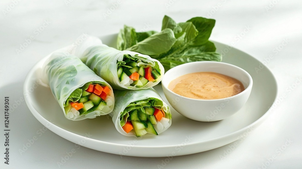 A dish featuring veggies rolled in a wrap and accompanied by a dip A dish featuring veggies rolled in a wrap and accompanied by a dip