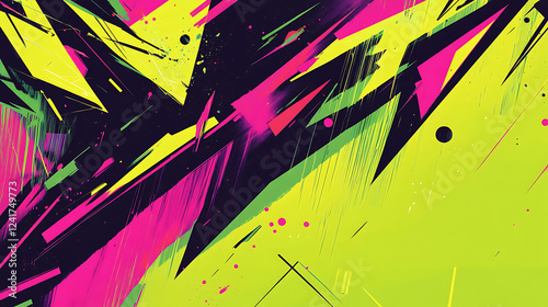 A colorful abstract painting with a green background and pink and black shapes